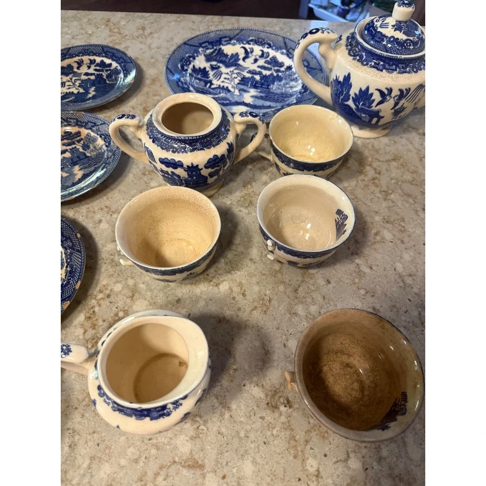 Vintage Blue Willow Tea Set Occupied Japan Blue White Transferware 18pc As-Is